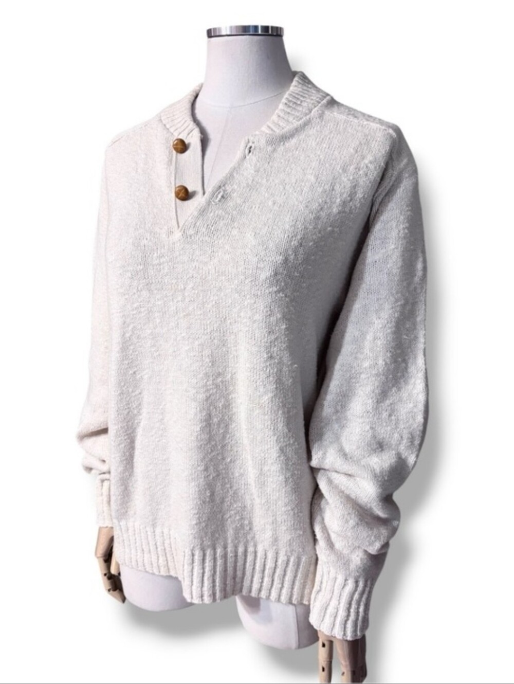 LONDON FOG OUTDOORS UNLIMITED Ivory Slub Cotton Mock Henley Sweater VINTAGE 80s